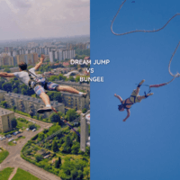 Dream jump na tle miasta, obok skok na bungee. Napis dream jump vs skok na bungee