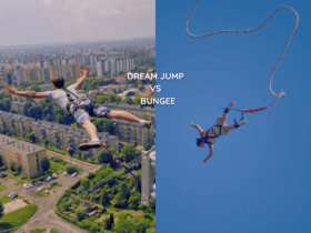 Dream jump na tle miasta, obok skok na bungee. Napis dream jump vs skok na bungee