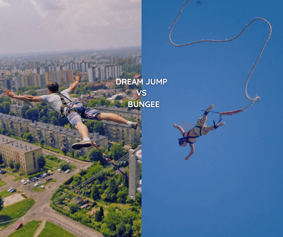 Dream jump na tle miasta, obok skok na bungee. Napis dream jump vs skok na bungee