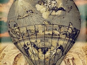 obraz w stylu zabytkowej mapy, przedstawiający historycznie wyglądający balon na gorące powietrze