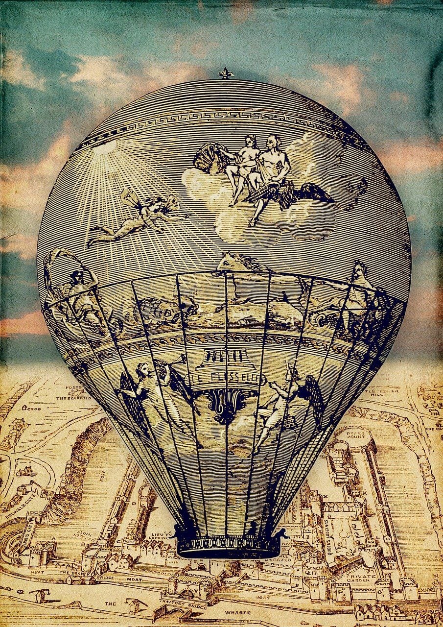 obraz w stylu zabytkowej mapy, przedstawiający historycznie wyglądający balon na gorące powietrze