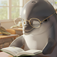 Delfin w okularach czytający książkę