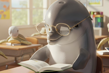 Delfin w okularach czytający książkę
