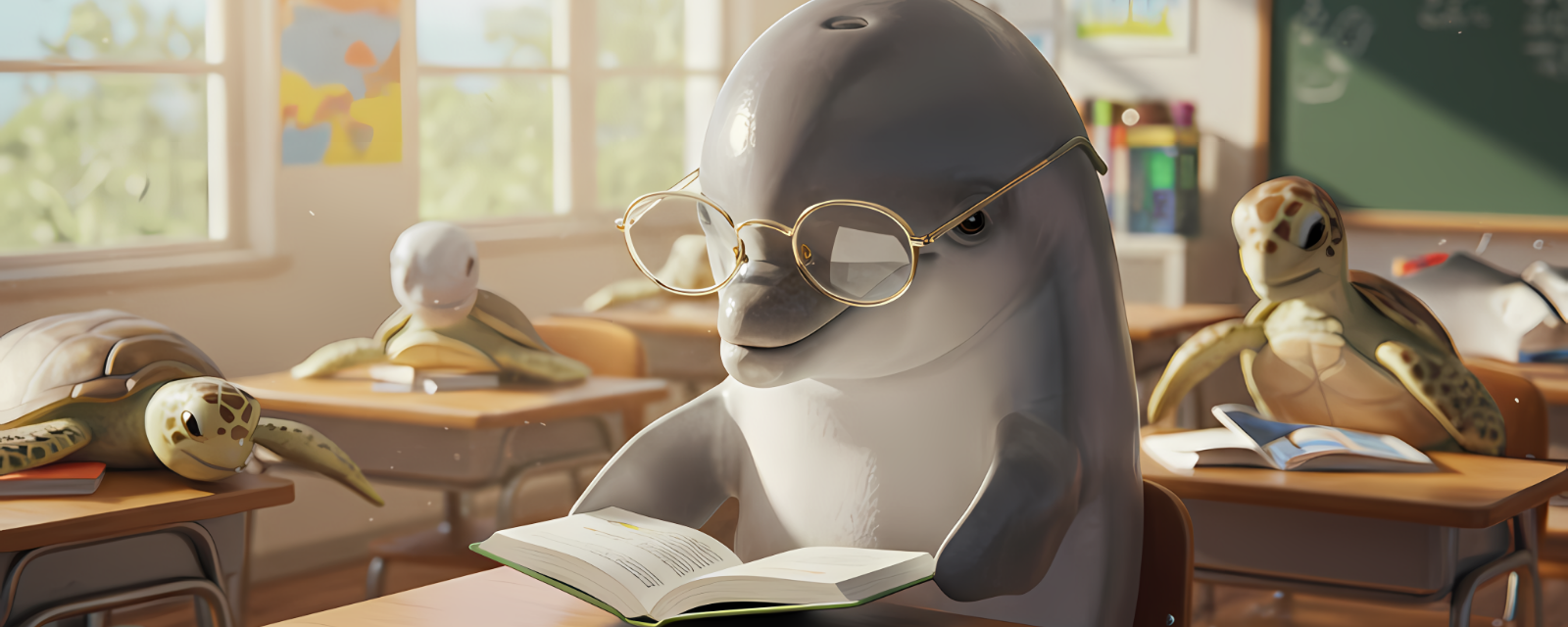 Delfin w okularach czytający książkę